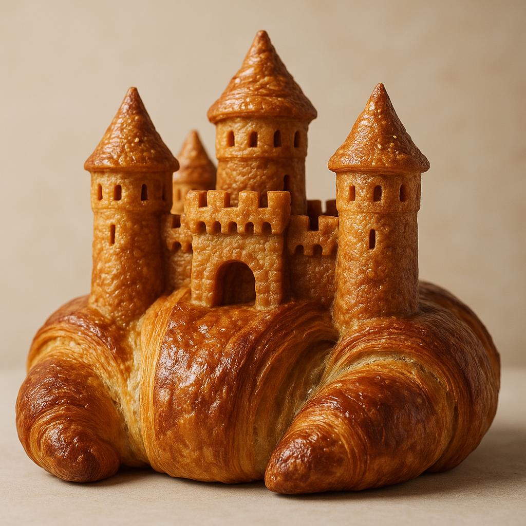 AI-generated castle shaped croissant bread sculpture